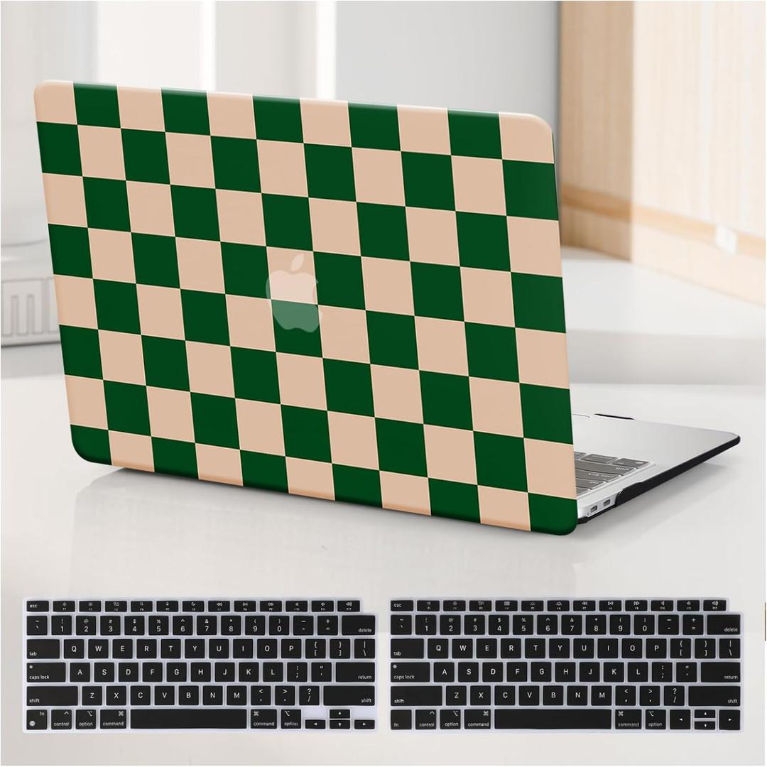 Compatible with MacBook Pro 13 inch Case M2 2024, 2023, 2022-2016 A2338 M1 A2251 A2289 A2159 A1989 A1708 A1706, Checkered Textured Cream Plastic Hard Shell & Keyboard Cover, Checkerd Green