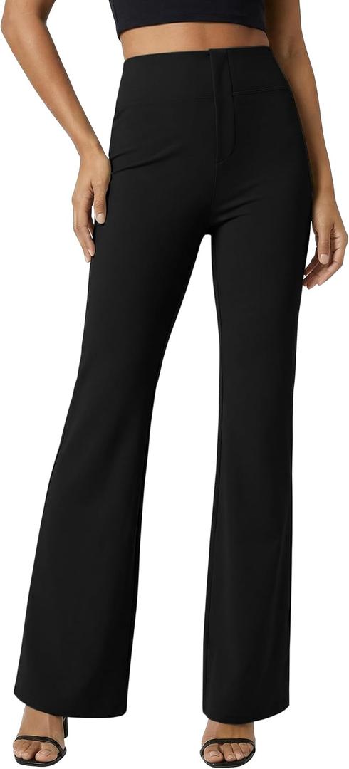 Dokuritu Women's Work Pants Business High Waist Flare Leggings with Pockets Tummy Control Bootcut Pull On Stretchy Slacks (L)