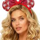 2 x Christmas Red Sequin Mouse Ears Headband with Bow - Sparkly Minnie Costume Hair Accessory, Holiday Party Gift & Stocking Stuffer for Girls Women