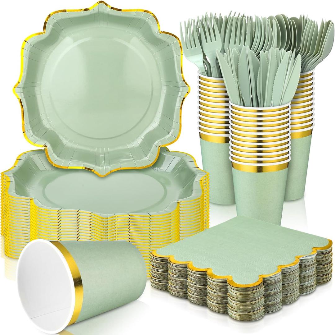 Gejoy 144 Pcs Bridal Shower Decorations Baby Shower Party Supplies Include Disposable Paper Plates Cups and Napkins Sets with Plastic Forks Knives Spoons for Wedding Birthday Party(Sage Green)