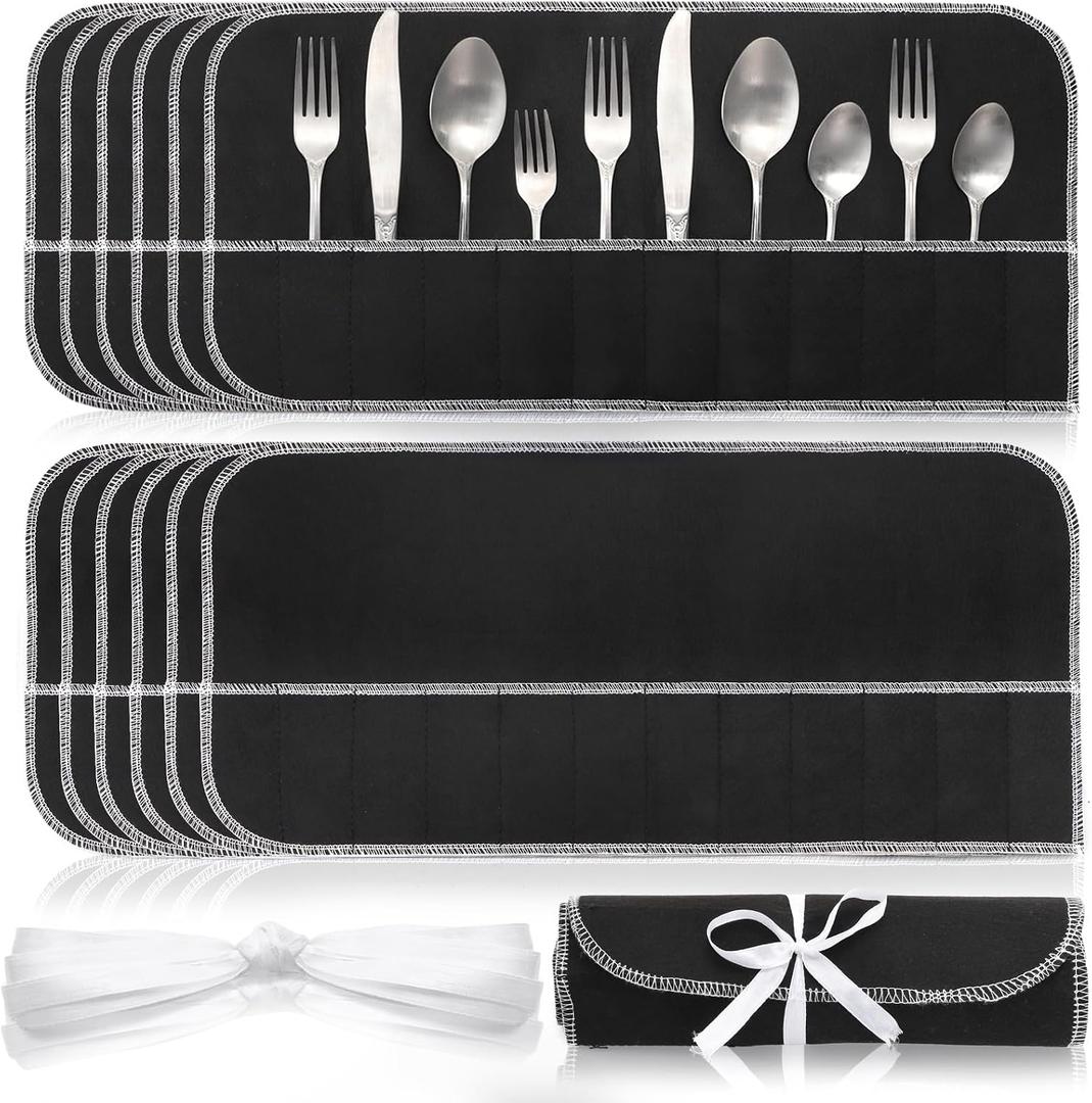 Tebery 12 Pcs Silver Storage Bags Anti Tarnish, Silverware Storage Cloth Roll with White Ribbon, 12 Slot Flatware Protector Organizer, Cutlery Sleeves Bags for Kitchen Utensil Teaspoon, Stiff Fabric