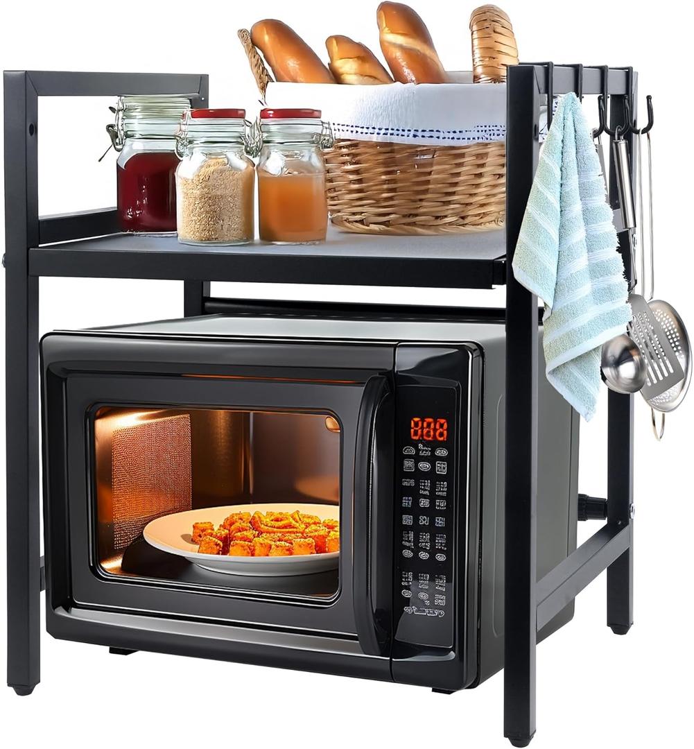 Microwave Oven Rack,Microwave standm,Adjustable Shelf with Hooks,100lb Capacity,Microwave Shelf,Microwave Rack,Kitchen Microwave Stand,Microwave Stand with Storage,Microwave Stand countertop