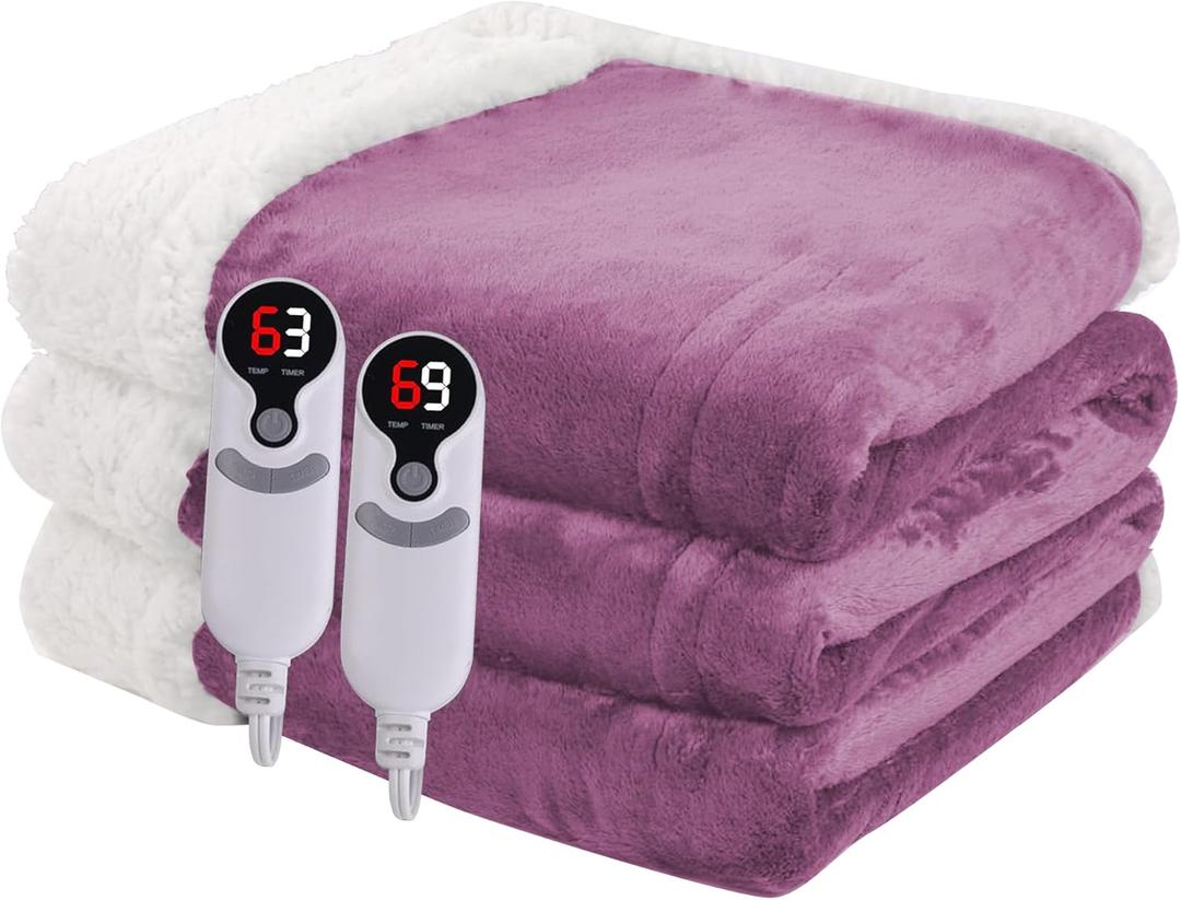 Heated Electric Blanket Queen Size 84''x90'', Dual Controller Soft Flannel with 6 Heat Settings 1-10 Hour Auto Off Large Blanket for Bed - Purple