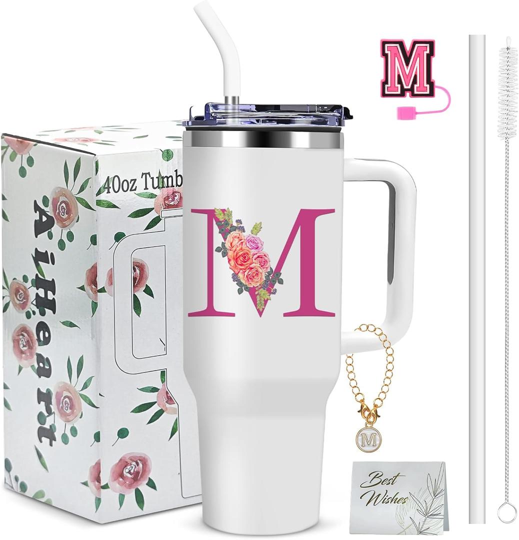 Monogrammed Gifts for Women,Initial Tumbler with Lid,Personalized Gifts,Birthday Gift for Women,Travel Cup,Coffee Tumbler,Cute Tumbler with Straws,for Christmas-M
