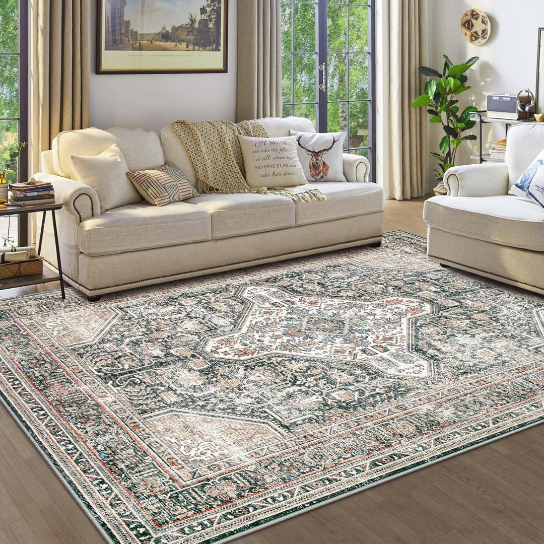 9x12 Area Rugs Washable Rug - Large Vintage Boho Living Room Rug Soft Anti-Skid Thin Carpet Indoor Floor Non-Slip Backing Carpets for Bedroom Dining Table Home Office Farmhouse (Multi-Colored, 9x12)