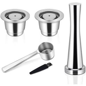 Reusable Coffee Capsules for Nespresso Originales, Stainless Steel Refillable Coffee Pods, 2pcs Reutilisable Refillable Espresso Capsule(2 Cup+ Tamper+ Stainless Steel Spoon)