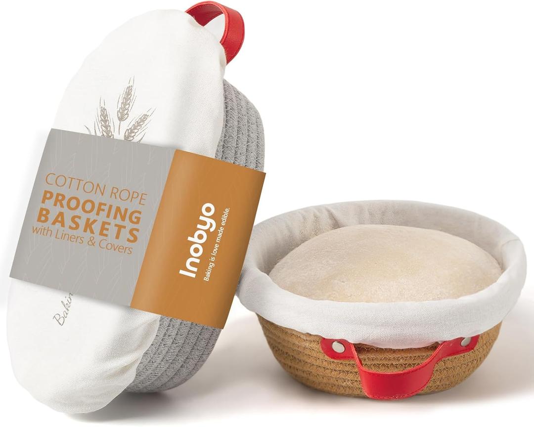 Banneton Bread Proofing Basket Set, 10" Oval & 9" Round Cotton Rope Proofing Baskets with Liners & Covers, Sourdough Bread Baking Supplies