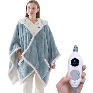 Westinghouse Wearable Heated Throw Blanket, Electric Heated Wrap Poncho Shawl with Pockets, 6 Heating Levels & 2 to 10 Hours Time Settings, 50 x 60 Inch, Light Blue