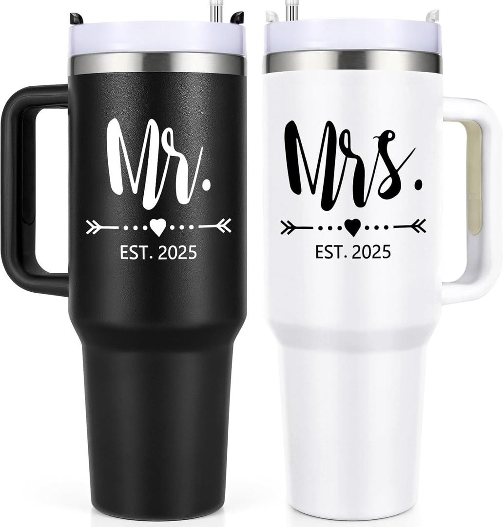 Qtencas Mr and Mrs Gifts, Mr and Mrs EST 2025 Stainless Steel Travel Tumblers Set, Engagement Wedding Gifts, 40 oz 2025 Travel Mug for Couples Newlyweds, Bridal Shower Anniversary CupsBlack & White