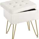 Seventable Vanity Stool Chair with Storage, Teddy Velvet Soft Ottoman, 4 Metal Legs with Anti-Slip Feet, Furry Padded Seat, Multifunctional Stool for Makeup, Footstool, Bedroom, White