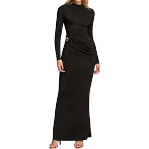URYIAO Women's Long Sleeve Ruched Bodycon Maxi Dress Fall Winter Formal Elegant Cocktail Party Dresses (Black, XL)