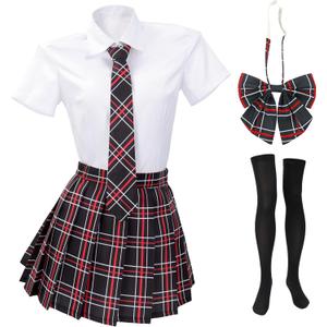 PROCOS Women Japanese Uniform Outfit US Size Costume with Plaid Bow Tie 5 PCS for Halloween (Large, Red Black Plaid)