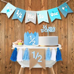 1/2 Birthday Boy Half Birthday Decorations 4PCS Blue 6 Month Party Set with 1/2 Way to One Banner, Halfway High Chair Banner, Cake Topper and Hat for 6 Month Baby Boy Photo Shoot Decor