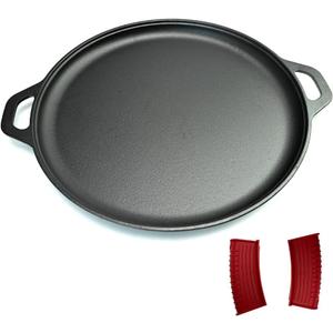 16 Inch Cast Iron Pizza Pan Round Griddle Pre-Seasoned Comal with Free Silicone Handles, Kitchen Essentials for Pizza Lovers, Baking, Grill, BBQ