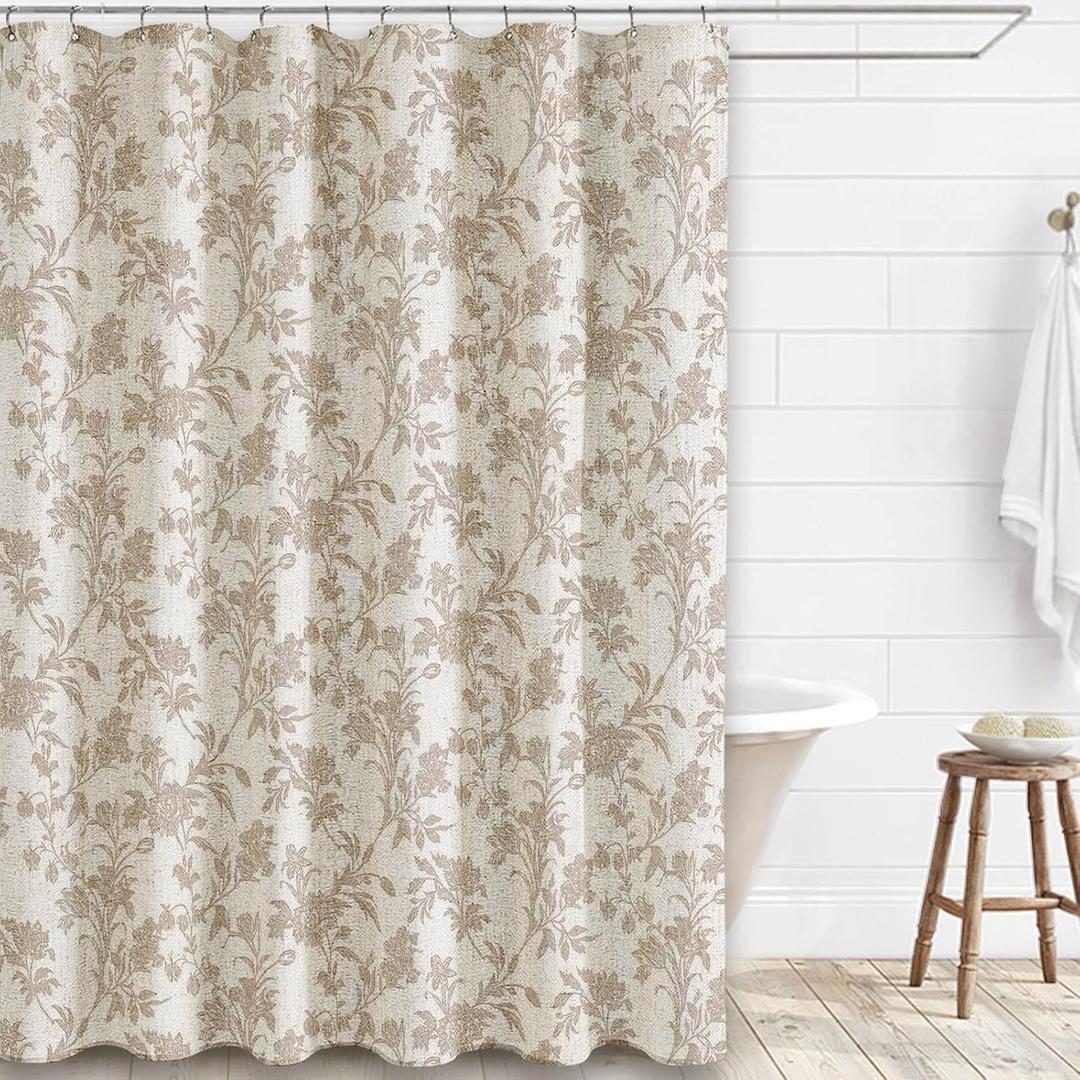 WOUVMA Beige Shower Curtain Floral Cotton Linen Cottagecore Shower Curtain for Bathroom 78" L x 72" W Long