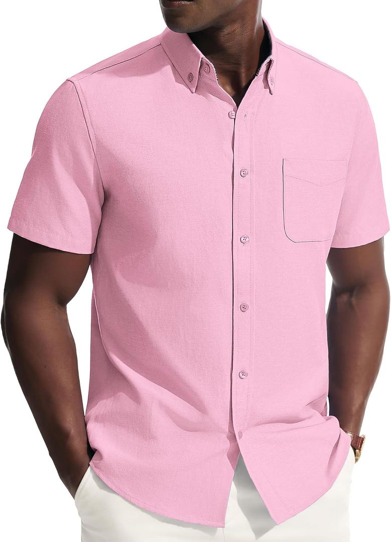 PJ PAUL JONES Mens Dress Shirts Oxford Button Down Shirt Short Sleeve Business Casual Untucked Shirts with Pocket (Pink, L)