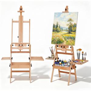 Wood H-Frame Easel, Large Painting Easel with Storage Box and Palette, Solid Beech Wood Made Professional Foldable Studio Art Easel Stand for Painting, Holds Canvas up to 50"