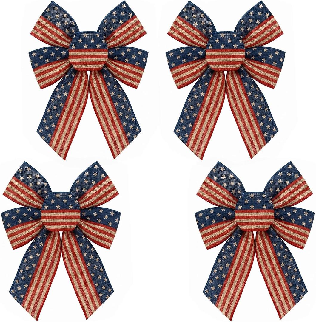4pcs Patriotic Star Wreath Bows, Red Linen Blue Stripe Burlap Bows for 4th of July, Labor Day, Memorial Day, Veterans Day, Door & Window Decor