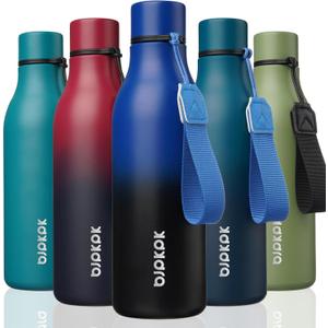 BJPKPK Insulated Water Bottles, 18 oz Stainless Steel Metal Water Bottle with Strap, BPA Free Leak Proof Jugs, Mugs, Flasks, Reusable Thermal Flasks for Sports & Travel, Blue Black