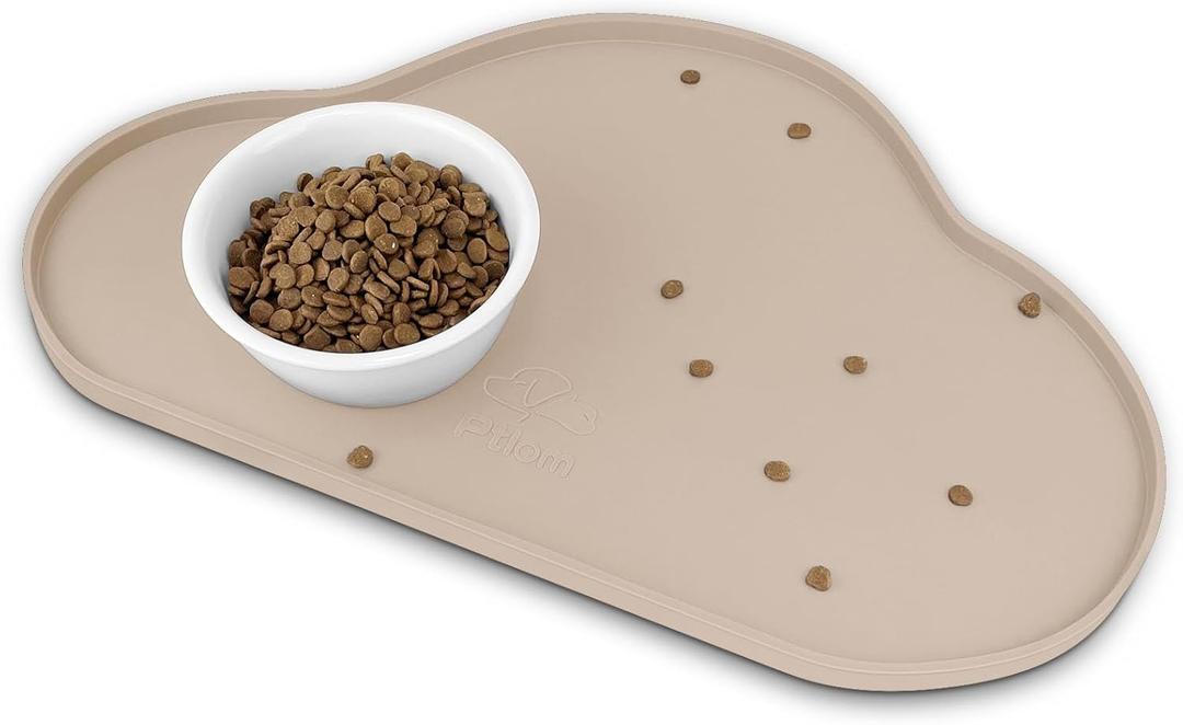 Ptlom Dog Food Mat Anti-Slip Dog Bowl Mats for Food and Water, Waterproof Pet Placemat Prevent Messy Spills to Floor, High-Lips Puppy Feeding Trays for Small Medium Large Dogs Cats, Silicone, Taupe (18.8"L x 11.7"W)