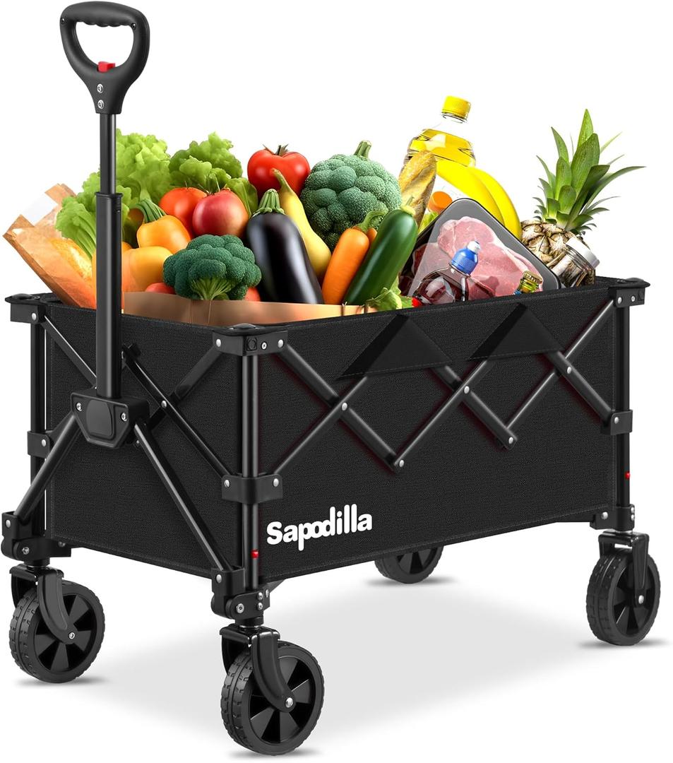 Collapsible Foldable Wagons with Wheels, Lightweight Wagon Cart with Large Capacity for Grocery,Gardening,Camping,Shopping,Black