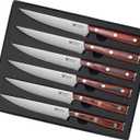 Set of 6 Steak Knives - Sturdy Full Tang Wood Handle, Fine Serrated Sharp Edge for Smooth Cutting - High Carbon German Stainless Steel - 5'' Dinner Knife Set with Gift Box