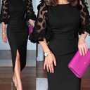 CHICME Bodycon Midi Dress for Women Mesh Puff Sleeve Slit Work Cocktail Wedding Dresses with Belt (Black, M)