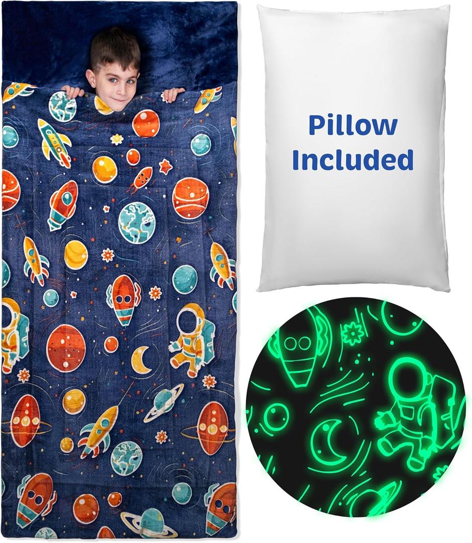 Kids Sleeping Bag for Boys & Girls - Glow in The Dark for Ages 3+, Large With Pillow Pocket, Extra Soft Toddler Blanket (66" x 33") (Blue - Space)