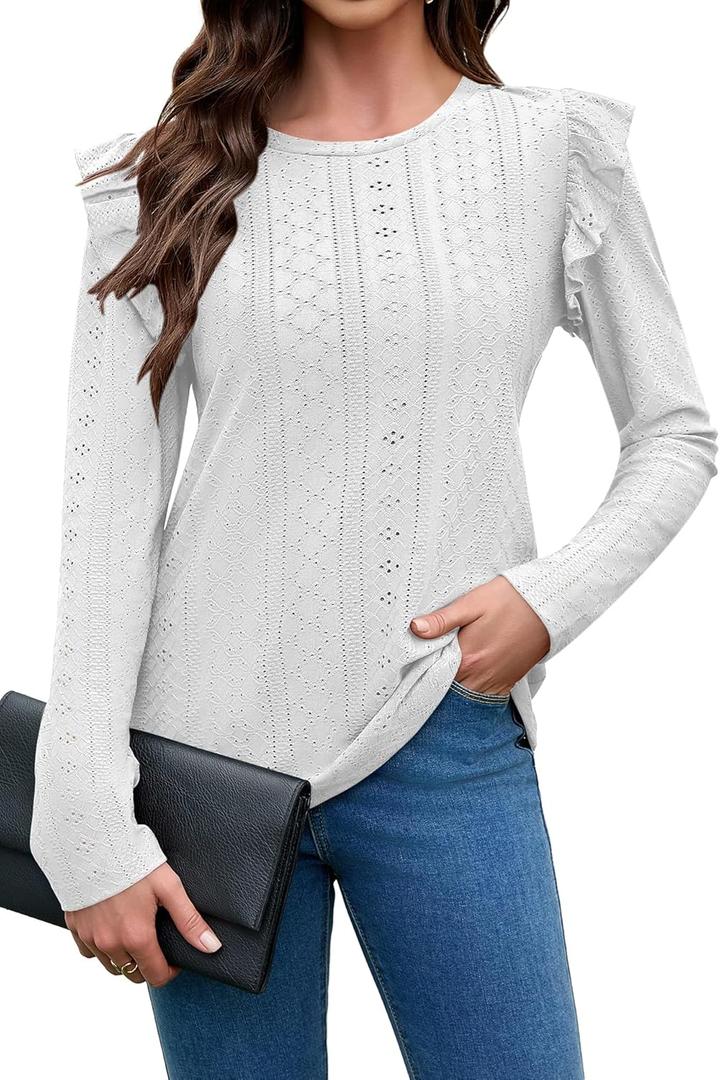 Women Eyelet Tops Casual Ruffle Long Sleeve Shirts Crew Neck Lace Embroidered Blouses Fall Outfits 2025 (White, L)