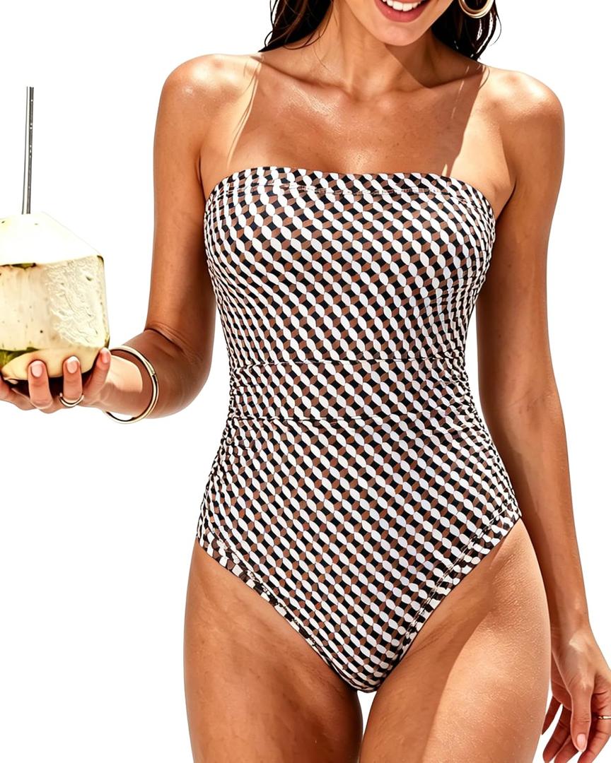 SUUKSESS Women One Piece Tummy Control Swimsuit Strapless Bandeau Bathing Suit (Size S)