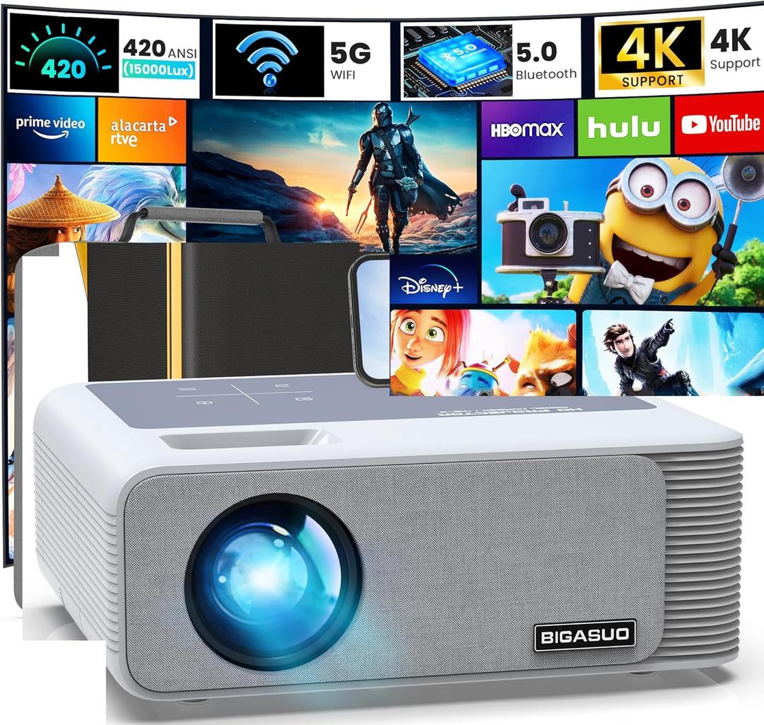 BIGASUO 850ANSI Projector with WiFi and Bluetooth - 1080P HD Outdoor Movie Projector 4K Support, Home-Projectors Max 400" Display, 4P & 50 Keystone, 60% Zoom, Compatible with Laptop, TV Stick, PS5 (Gray-White)