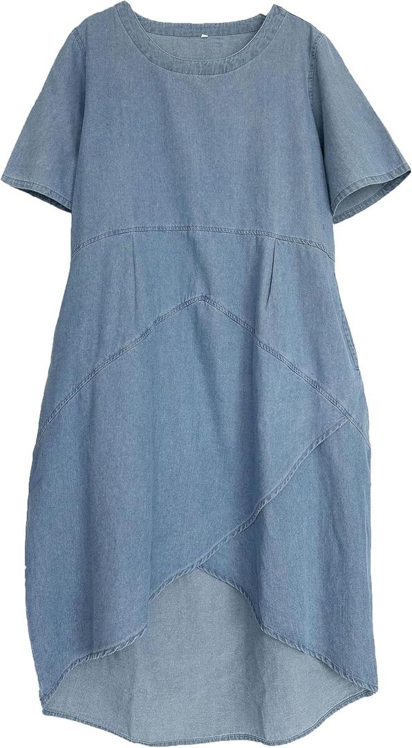 Tebreux Women's Linen Midi Dress Oversized Short Sleeve Sundress Baggy Tunic Dresses with Pockets (Jean Blue)