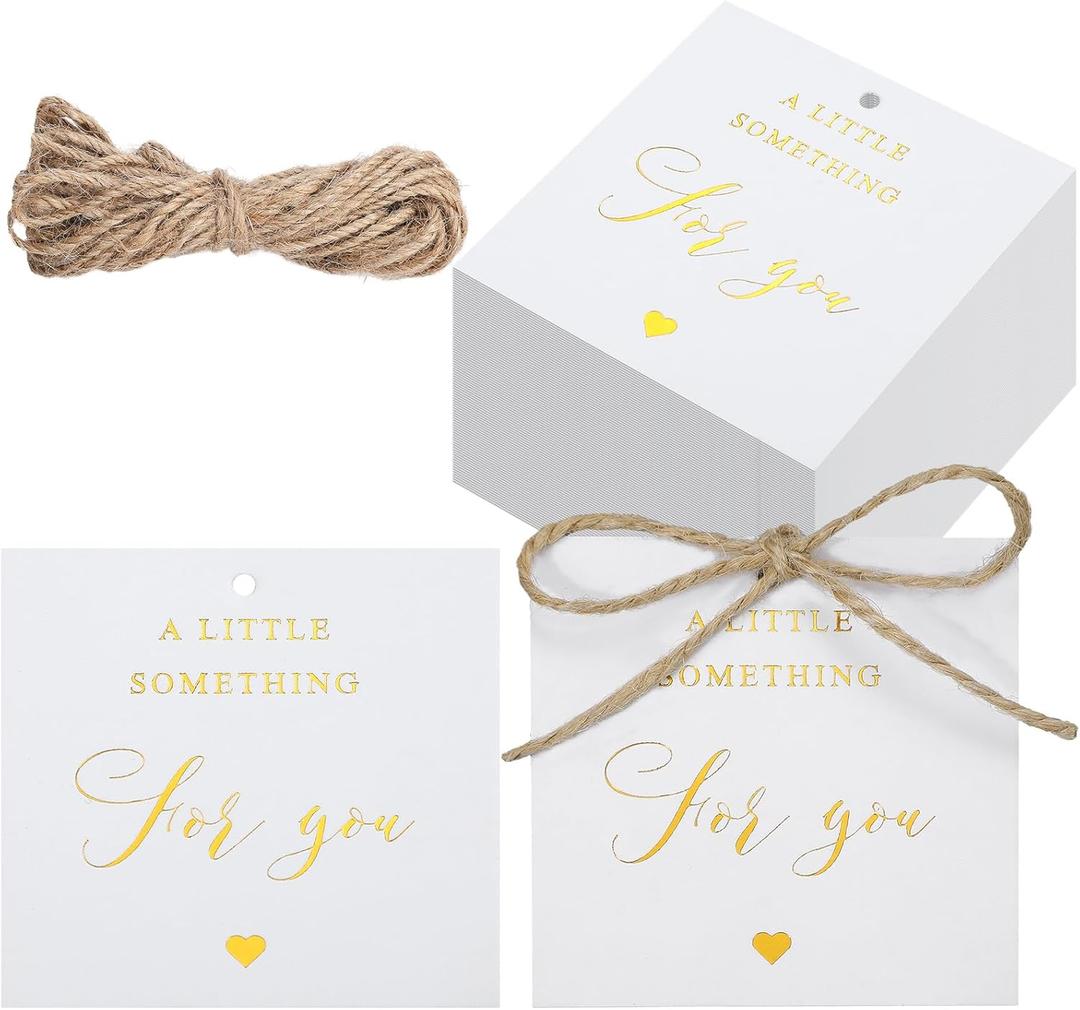 Marspark 100pcs Gold Foil Thank You Gift Tags with String a Little Something for You Tags Pre-Punched Hole Hang Tags for Baby Showers, Weddings, Treat Bag, Birthdays, Party Favors (2.5''x 2.5'')