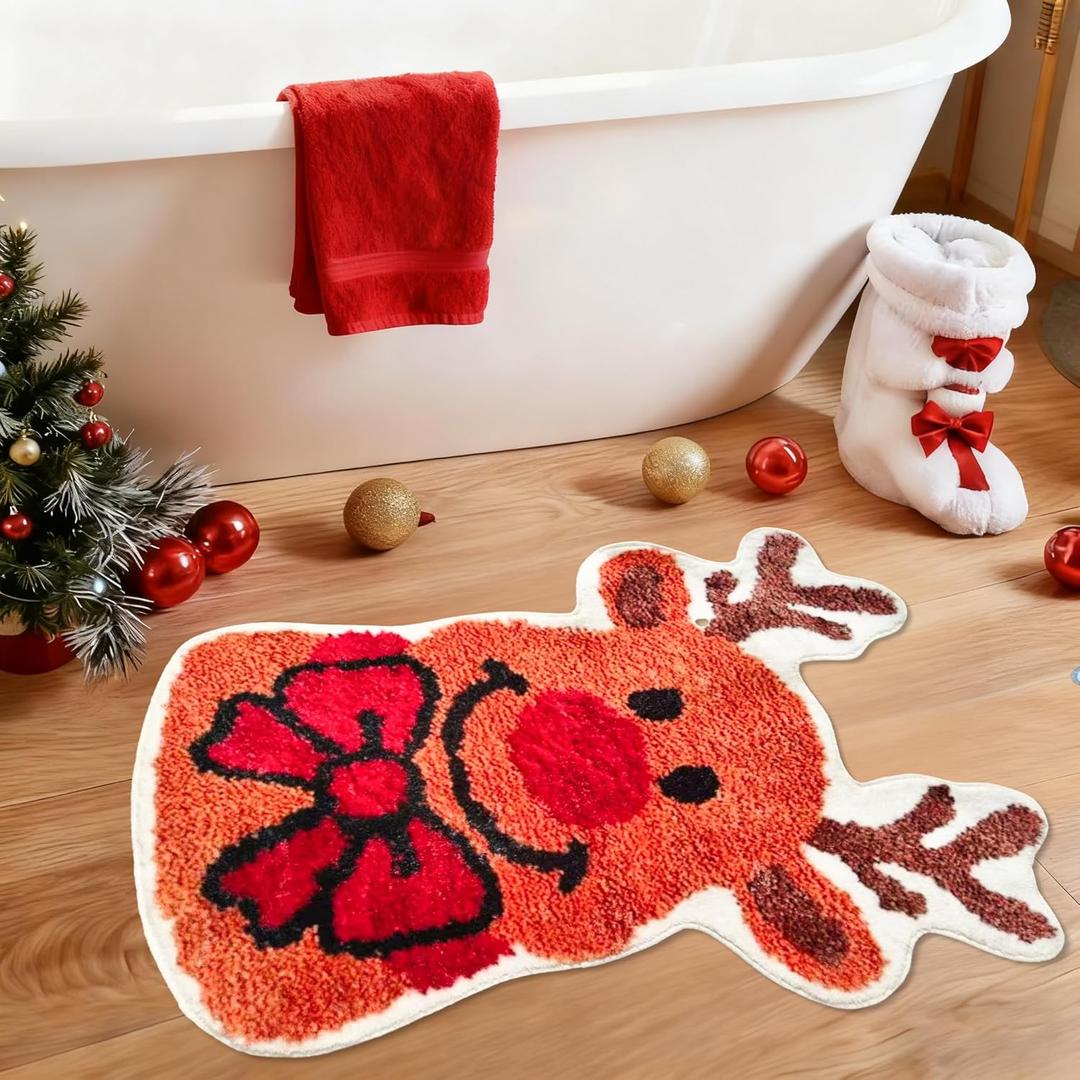 Christmas Bathroom Rugs Cute Reindeer Bath Mats for Bathroom Xmas Door Mat with Non-Slip Rubber Absorbent Christmas Decor for Bedroom Kitchen Floor