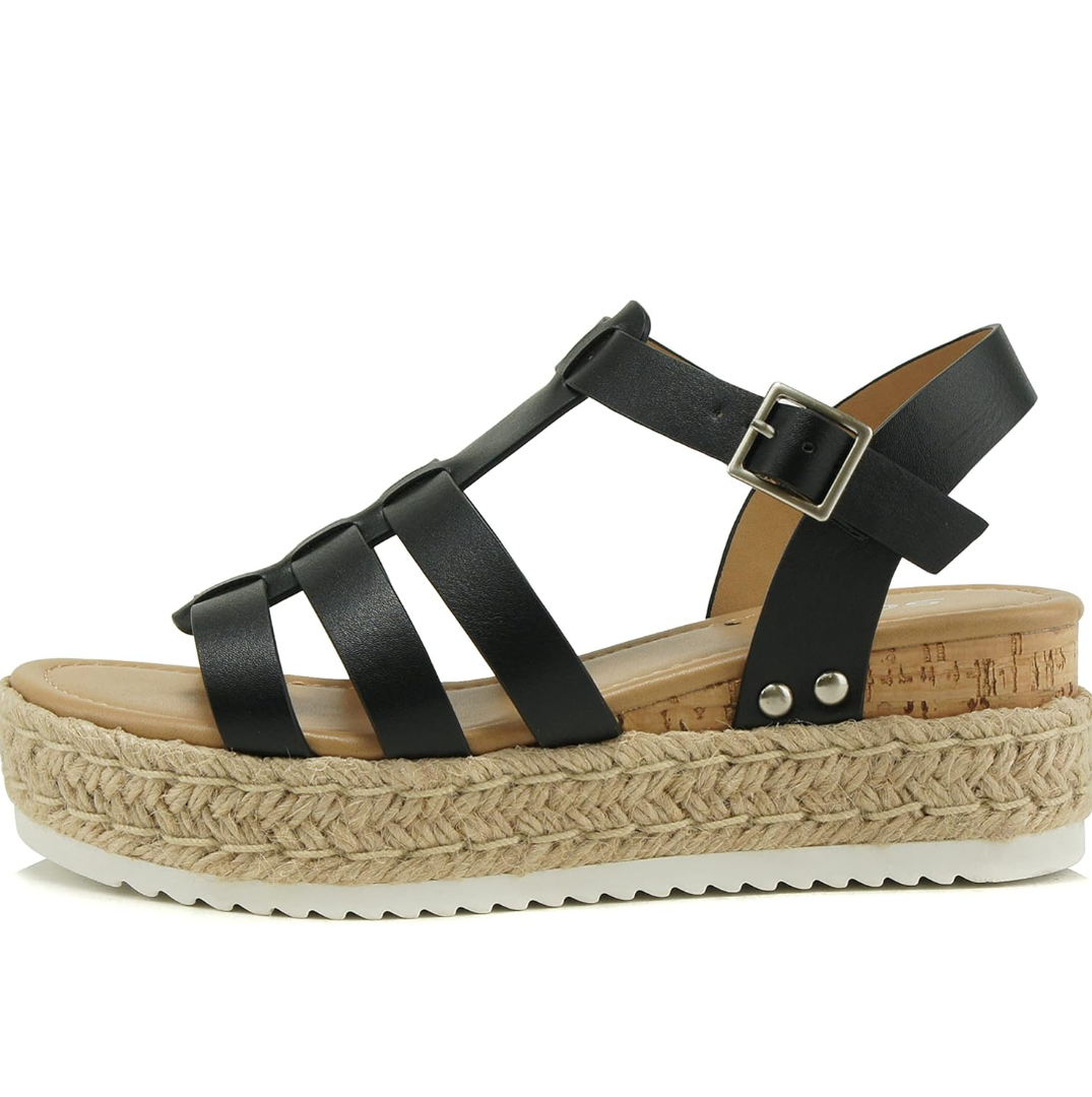 SODA TRADER ~ Women Open Toe Espadrille Flatform Platform Fashion Jute Wedge Fisherman Upper Sandals with Adjustable Ankle Strap, Black Pu, 8