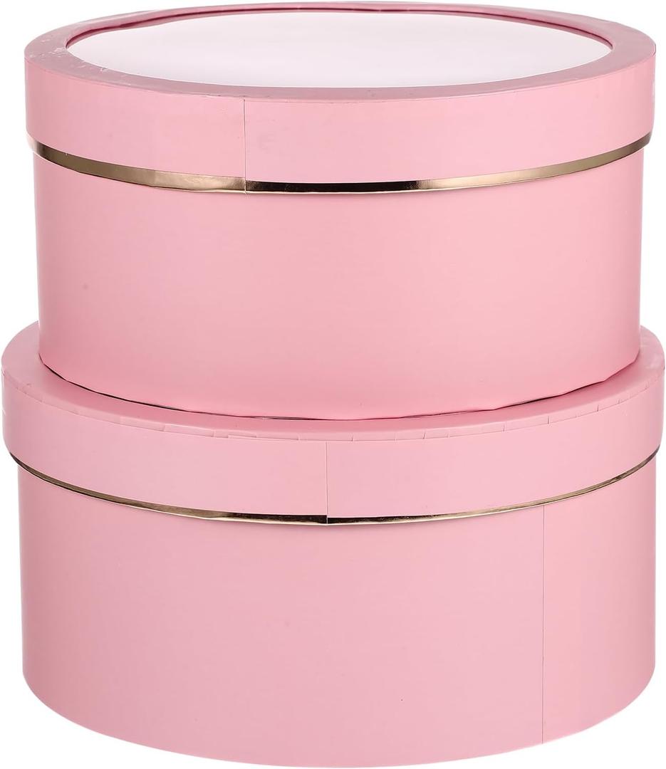 Baluue Round Flower Boxes Set of 2 with Transparent Window Pvc Lid Floral Packaging for Valentine Birthday Anniversary and Special Occasion (Pink)