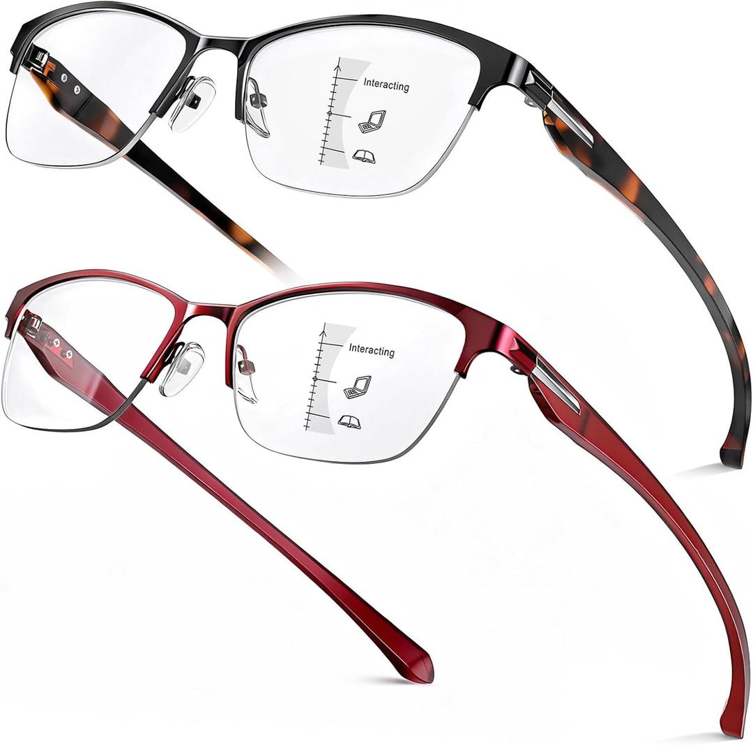 SKYOAK 2 Pack Stylish Progressive Reading Glasses for Women, Metal Half Frame Fashion Anti UV400/Eye Strain Computer Readers, Cat Eye Modern Design Ladies No-Line Multifocal Eyeglasses, +2.0