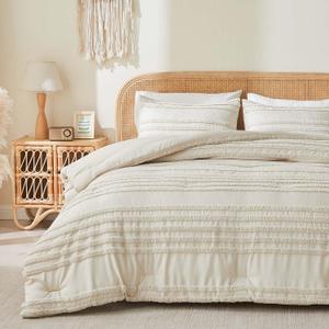 BEDELITE Boho King Size Comforter Set - Beige Tufted Striped Bed Set 3 Pieces, Soft Vintage Farmhouse Comforter for All Seasons, Boho Home Decor,Fluffy Jacquard Bedding with Pillow Sham