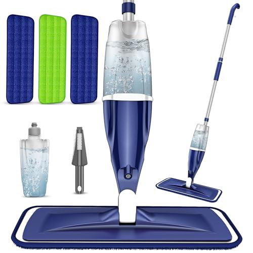 Microfiber Spray Mop for Floors Cleaning: Wet Dry Hardwood Floor Mops with 3 Washable Reusable Pads for Swiffer Powermop - Flat Mop with Sprayer for Tile Wood Laminate Vinyl Marble (Dark Blue)