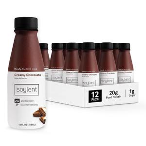 Soylent Creamy Chocolate Meal Replacement Shake, Ready-to-Drink Plant Based Protein Drink, Contains 20g Complete Vegan Protein and 1g Sugar, 14oz, 12 Pack (EXP 06/14/27)