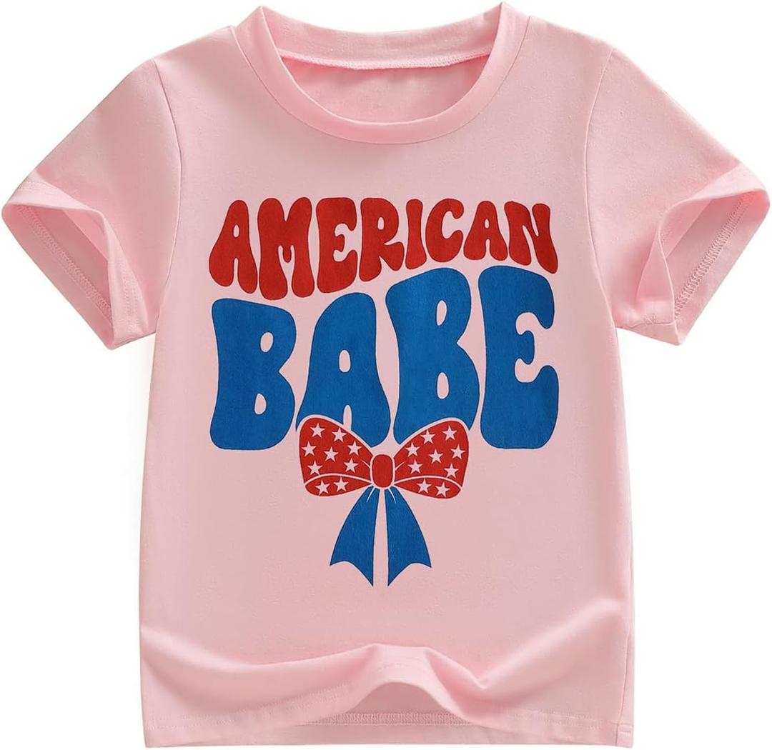 Kids Toddler Girls 4th of July T-Shirt Coquette Bowknot Patriotic USA 250 American Flag Independence Day Top (Pink)