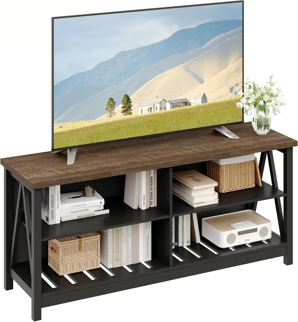 ChooChoo Farmhouse TV Stand for TVs up to 55 Inch, Modern Entertainment Center with 4 Open Shelves & Built-in Cable Holes, Media TV Console for Living Room, Bedroom, Black, 47.2 in