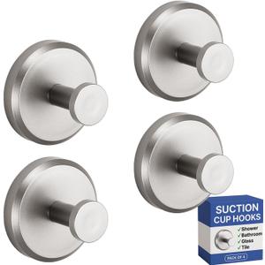 HOME SO Suction Cup Hooks for Shower & Bathroom Towel Holder 4-Pack Suction Cups Hooks for Hanging Towels, Robes, & Coats - Tiles, Glass Door or Mirror Shower Hooks & Towel Hooks Organizer -Nickel