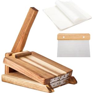 Wooden Tortilla Press with 50pcs Parchment Paper & Stainless Steel Dough Scraper, Large Mexican Square Flour Tortillera Presser Homemade for Tortillas Roti Burrito, Tacos, Pataconera, 8 inch
