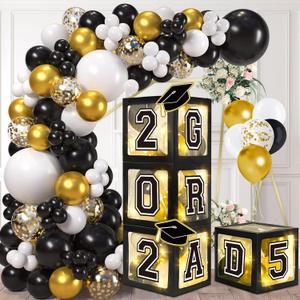 DAZONGE 2025 Graduation Decorations Black and Gold - Set of 4 Grad Boxes with 139pcs Balloon Arch Garland Kit & 4 Light Strings - So Proud of You 2025 Graduation Party Decorations for Any Grades