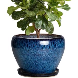 10 Inch Plant Pot - Ceramic Planter with Drainage Hole and Plant Saucer, Round Planter Indoor Outdoor, Modern Planters, Large Flower Pot, Home Room Office Decor, Housewarming Gifts, Blue
