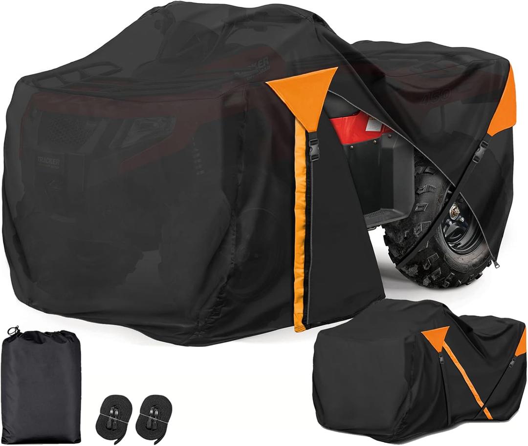ATV Cover Waterproof, Quad Covers with Unique Zipper Windproof Buckle, All Weather Protection 4 Wheeler Covers fit for Kawasaki, Honda, Polaris, Yamaha, 82'' (Black&Orange)