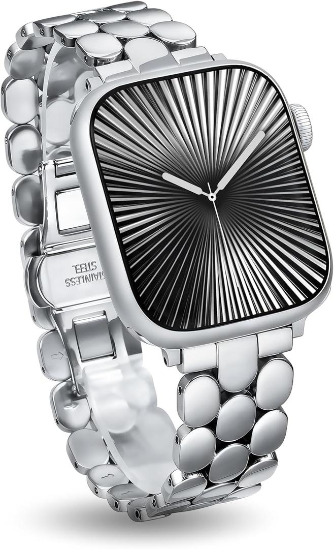 Moolia Stainless Steel Bracelet Compatible with Apple Watch Band 42/41/40/38/46/45/44/49mm Designer Elegant Metal Women Replacement Bracelet for iWatch Series 11 10 9 8 7 6 5 4 3 2 1 SE/Ultra1/2/3 (Silver)