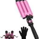 Three Barrel Curling Iron 1 Inch, 7 Heat Settings 180-430F, Ceramic Triple Hair Waver for Beach Waves, Dual Voltage 110-240V, Auto Shut-Off, Glove Included, Pink