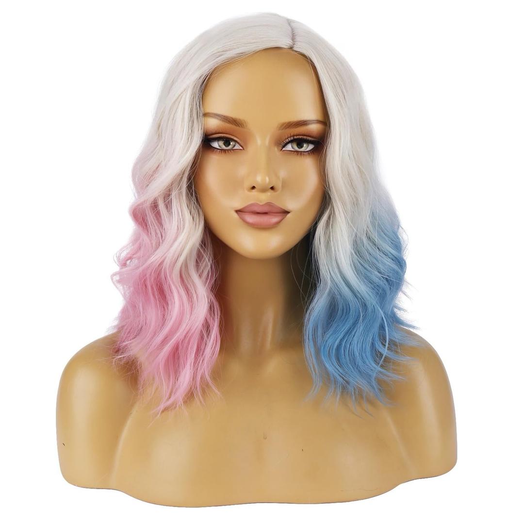 BERON Blonde Ombre Pink Blue Wigs Short Curly Bob Wig for Women Ombre Color Wavy Synthetic Hair Wigs Daily Use, Blonde Ombre Pink Blue